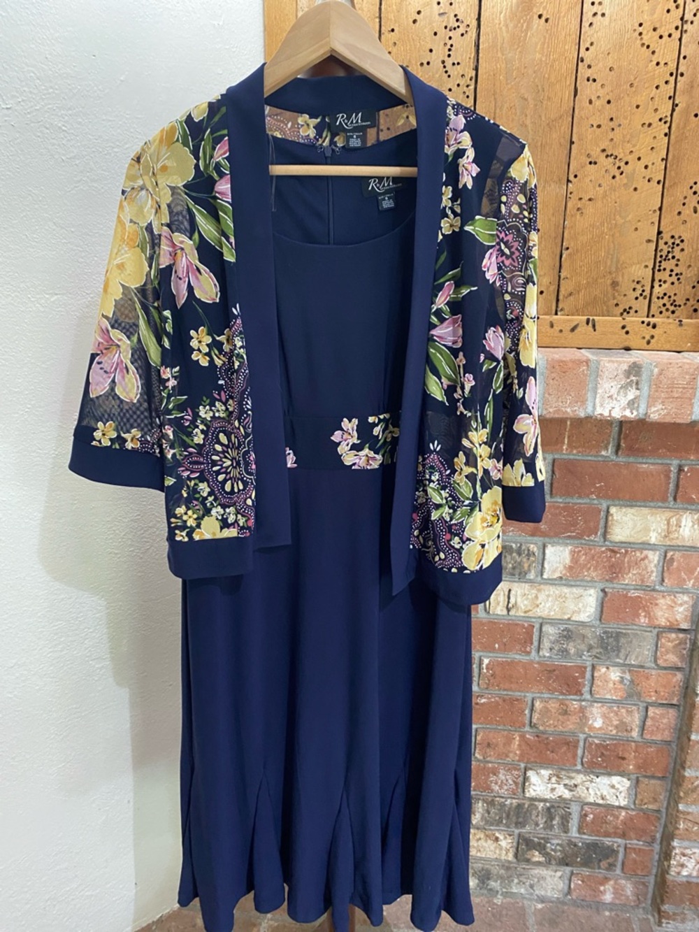 R&M Richards Navy Dress with Yellow Floral Jacket Accent